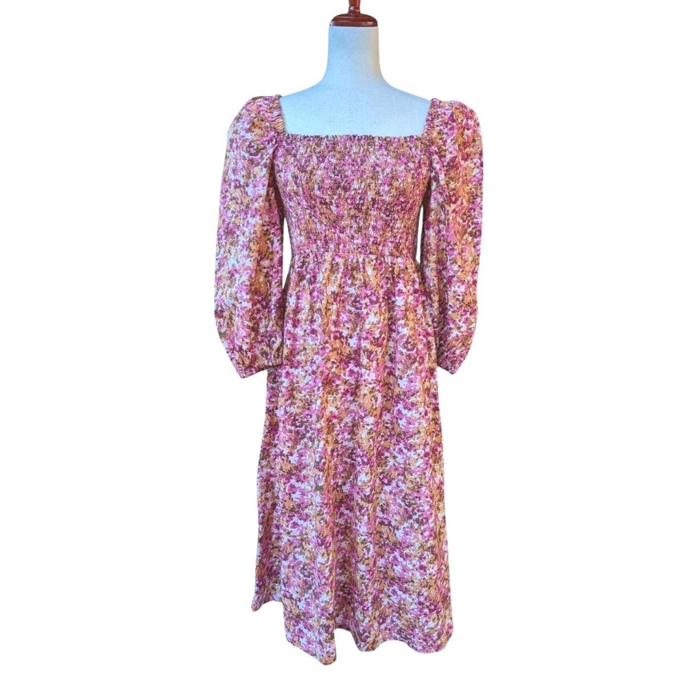 J.Crew Pink Floral Smocked Puff Sleeve Square Neck Midi Dress Womens Size M